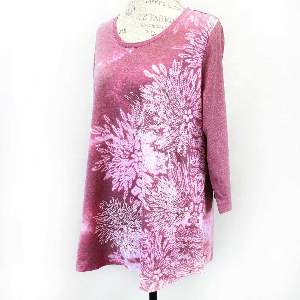 Ave Leisure Tunic Top Pink Floral Long Sleeve Casual Loungewear Size 14/16 Large